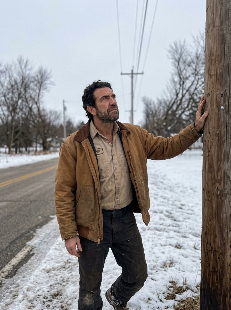 Hank Whitaker beside a utility pole in winter