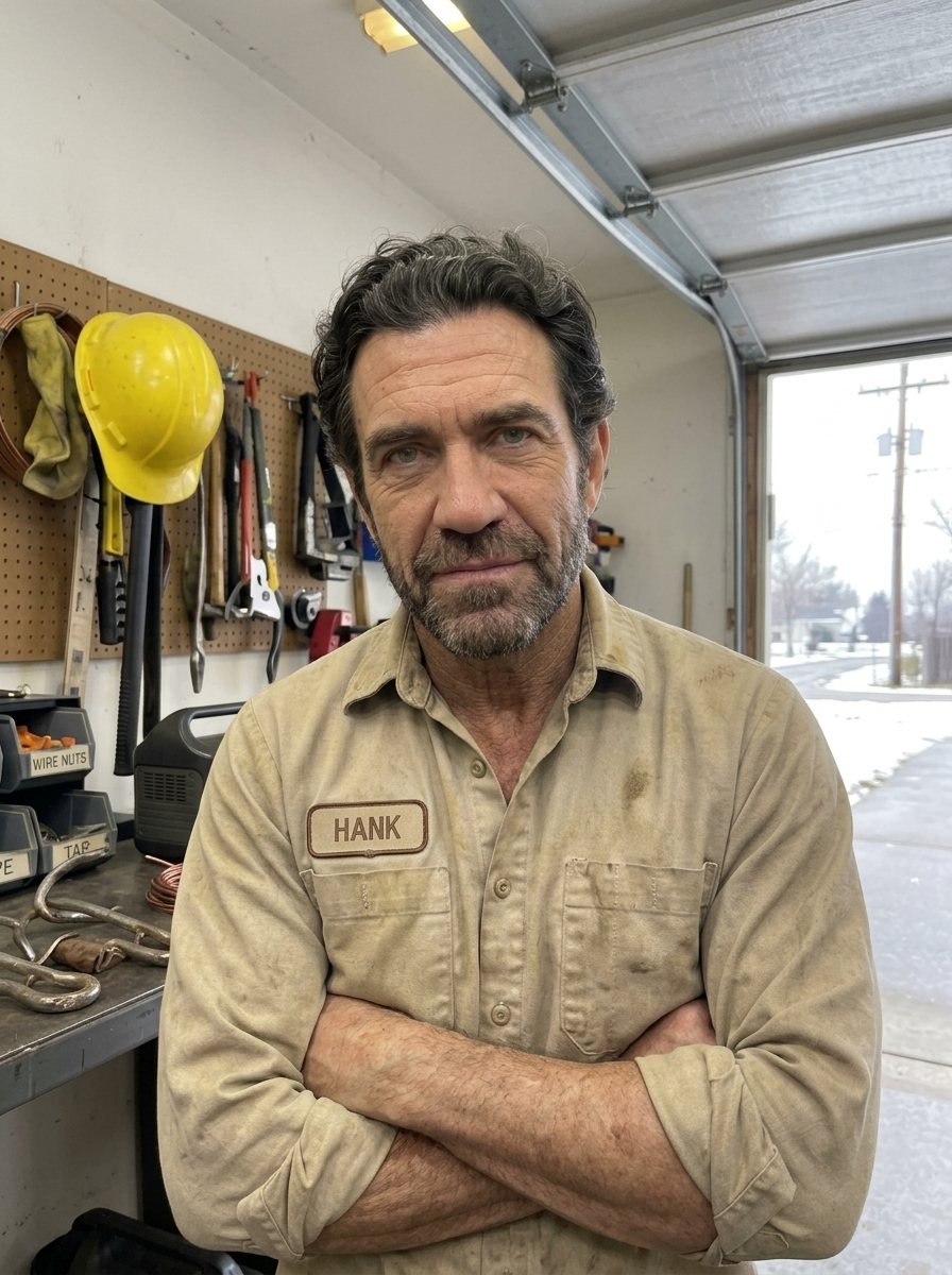 Hank Whitaker, retired lineman, in his garage workshop